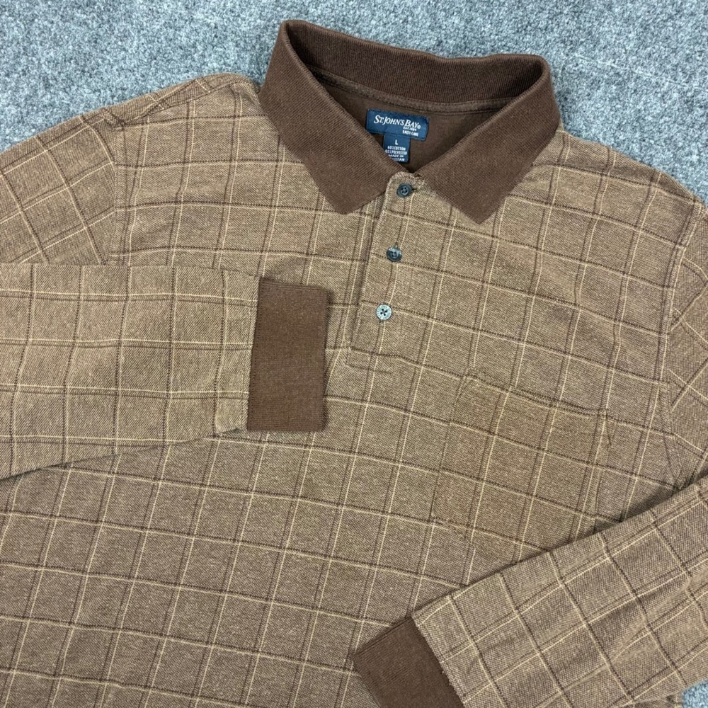 St Johns Bay Mens Large Brown Windowpane Long Sleeve Polo Shirt Easy Care Pique